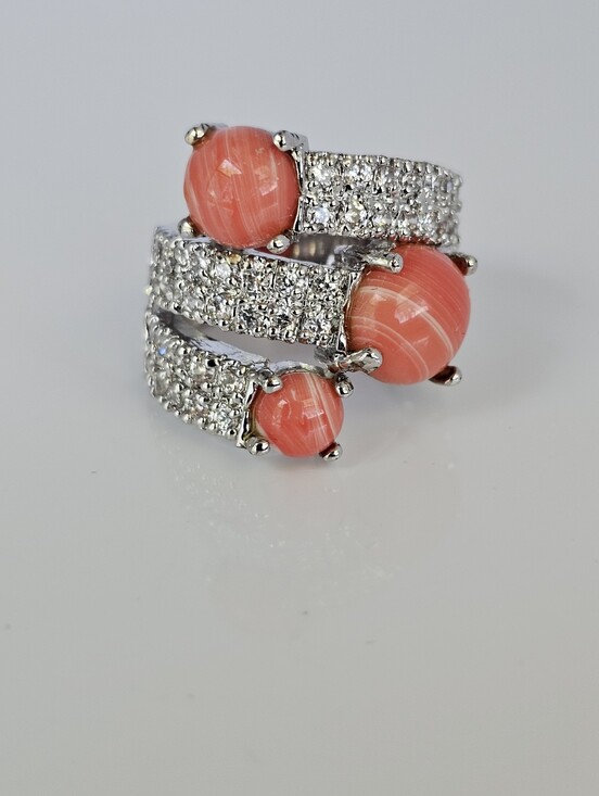 Estate Jewelry - Rare Vintage Genuine Salmon Coral & CZ Wrap Around Ring Sterling Silver Sz 7!